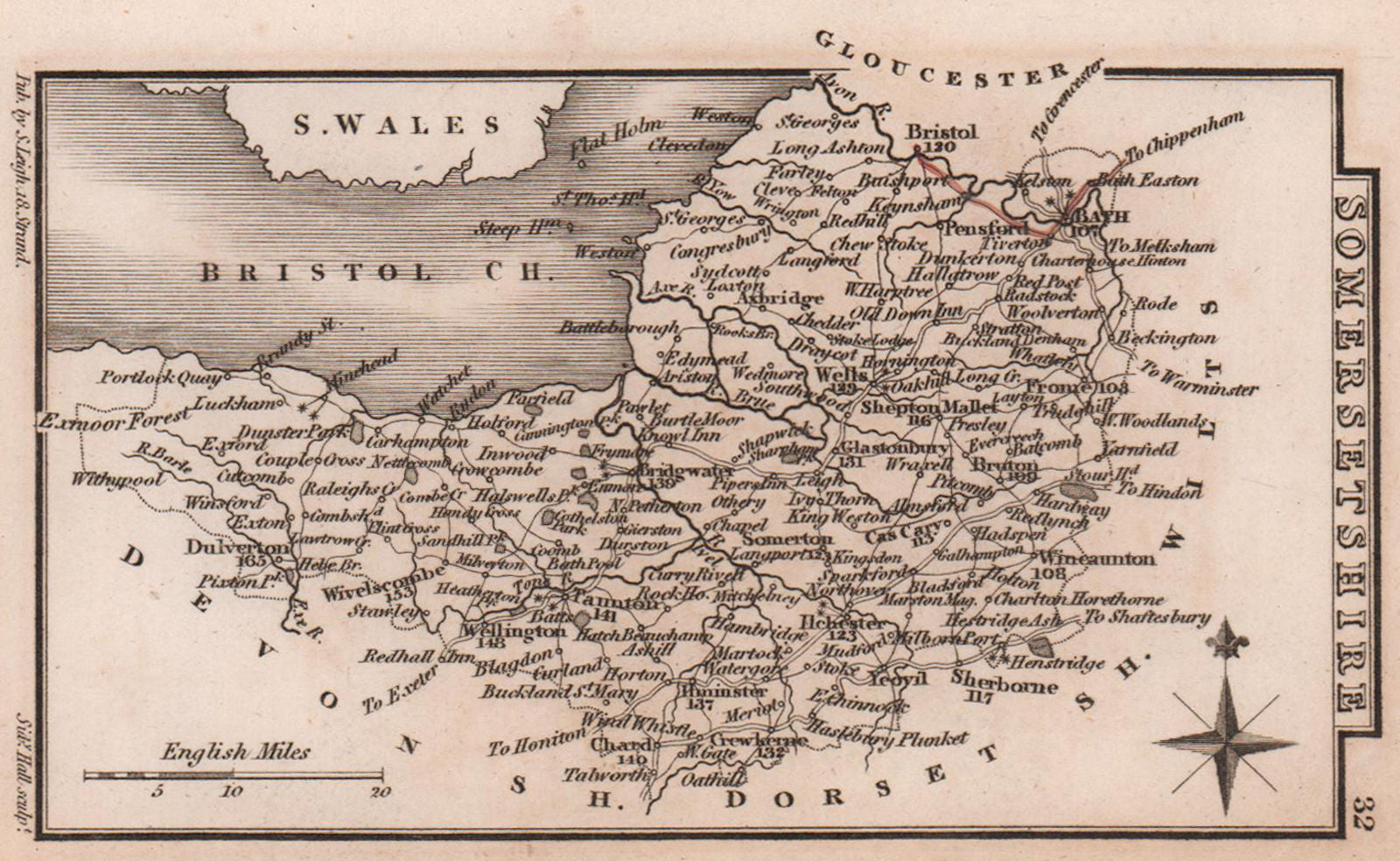 Somersetshire miniature county map by Samuel Leigh / Sidney Hall c1820 old